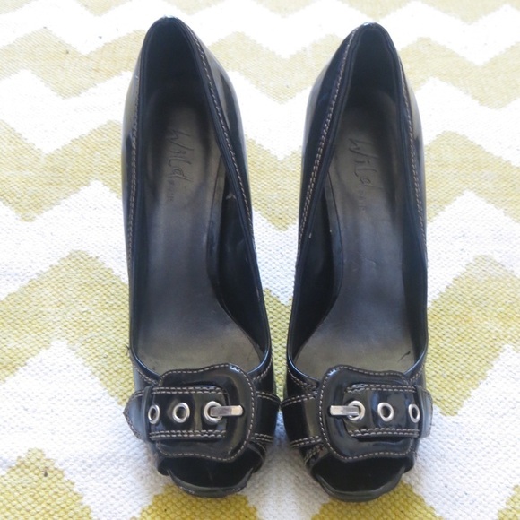 Wild Pair Black Patent Peep Toe Contrast Stitch Platform Block Heels • Sz 7.5 🔴 - Picture 3 of 9